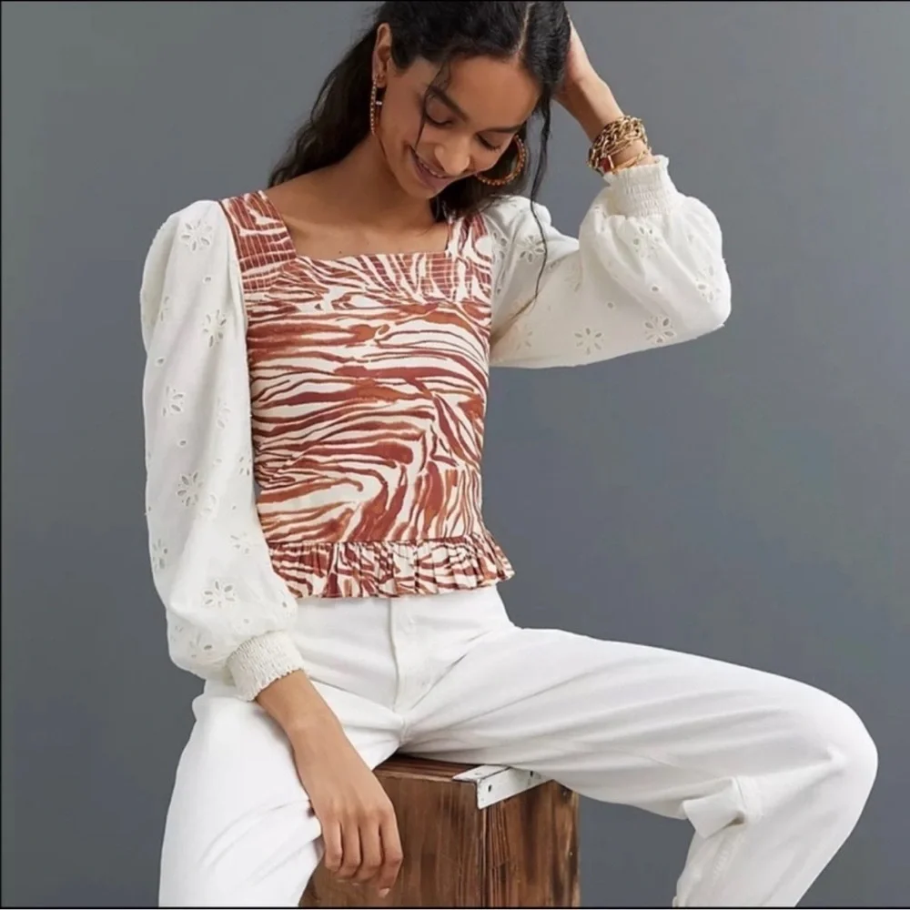 Anthropologie Love the Label Smocked Puff Sleeve Eyelet Blouse Size S‎